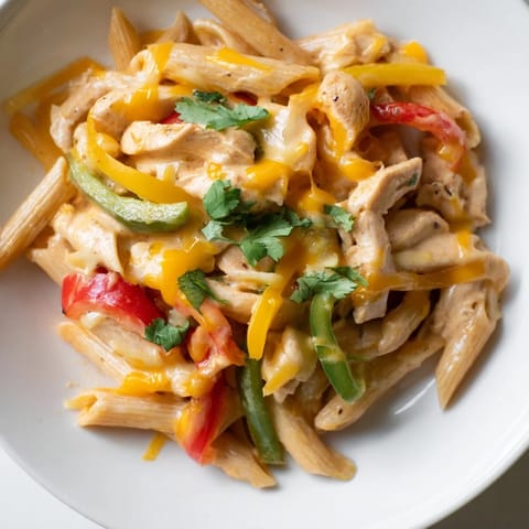 Tender chicken and colorful peppers in a creamy Chicken Fajita Pasta Skillet, garnished with fresh cilantro and lime.