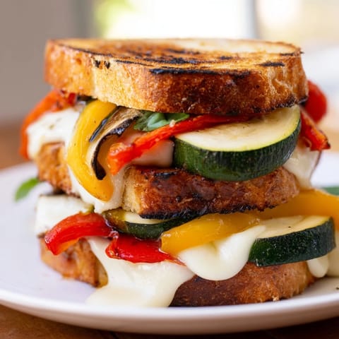 Golden, crispy sourdough slices stuffed with roasted zucchini, red and yellow peppers, melted fresh mozzarella, ripe tomato, and fragrant basil for a vibrant Roasted Veggie Caprese Grilled Cheese.
