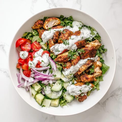 Vibrant Chicken Shawarma Salad Bowl brimming with crisp greens, juicy tomatoes, and sliced spiced chicken.