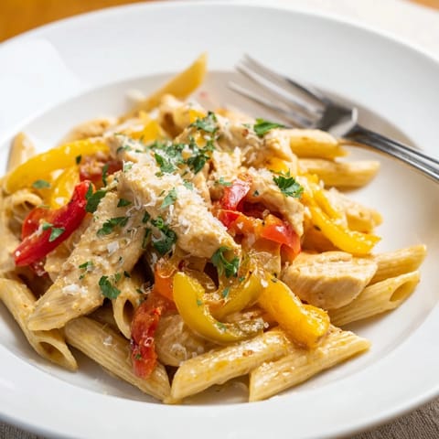 Steam rises from a plate of Creamy Cajun Chicken Pasta Lite, featuring juicy chicken strips and colorful bell peppers nestled in al dente penne.