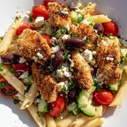 Golden crispy chicken bites atop penne pasta tossed with cucumbers, tomatoes, and feta in a zesty Greek dressing.  