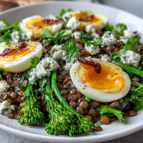 Vibrant French Lentil Salad with Broccolini and Soft-Cooked Eggs garnished with crumbled goat cheese on a rustic wooden table.