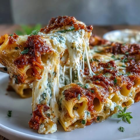 Golden baked ziti with bubbling mozzarella and rich tomato sauce, ready to serve family-style.  