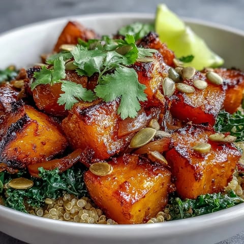 Vibrant roasted red kuri squash bowl with warm spices and maple glaze.
