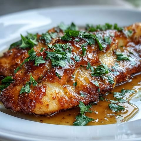 Golden Flounder Meunière glistening with nutty browned butter and fresh parsley.