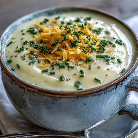 A spoon dives into creamy, velvety Cream of Potato Soup beside a piece of crusty bread.