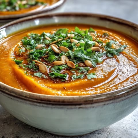 Creamy Carrot Ginger Soup topped with toasted pumpkin seeds and a lemon wedge on a rustic wooden table.