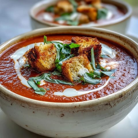 Golden bowls of Creamy Roasted Tomato Soup topped with crispy croutons and fresh basil leaves.