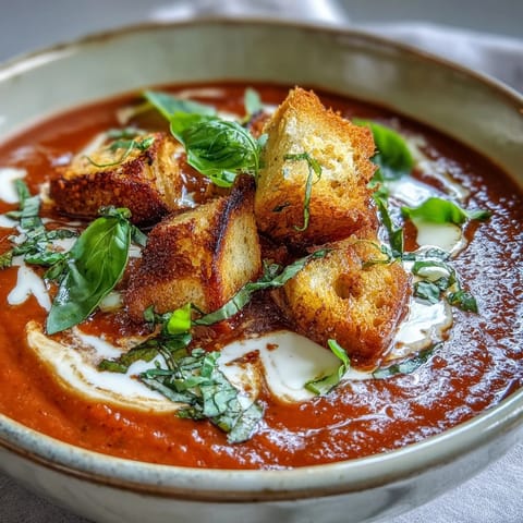 Vibrant Creamy Roasted Tomato Soup swirled with heavy cream, ready for a grilled cheese dip.