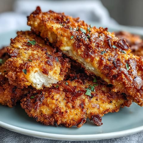 Close-up of crispy Air Fryer Chicken Strips showcasing the crunchy golden coating and tender white meat inside.