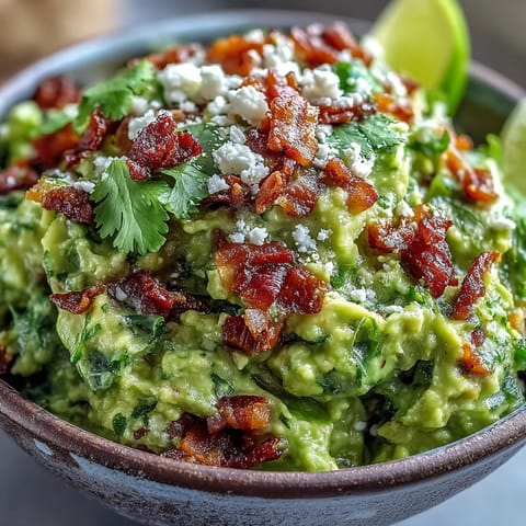 Crispy bacon and crumbled Cotija cheese top a bowl of creamy Bacon Guacamole With Cotija Cheese, garnished with fresh lime and cilantro.  