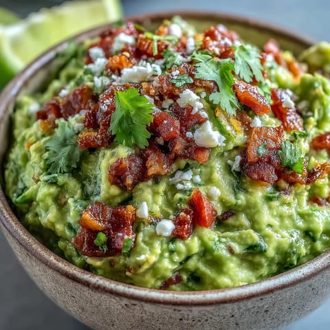 Freshly mashed avocado, diced tomato, and jalapeño create a vibrant Bacon Guacamole With Cotija Cheese, ready to scoop with sturdy tortilla chips.  