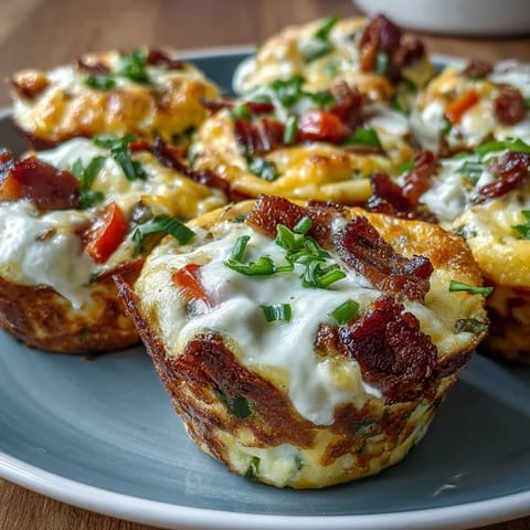 Freshly baked Breakfast Egg Muffins packed with fluffy scrambled eggs, colorful bell peppers, and crumbled bacon, ideal for a gluten-free morning meal.