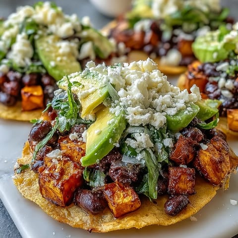 Sliced avocado and crumbled feta top these easy Black Bean and Sweet Potato Tostadas served on a plate.