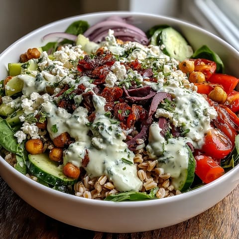 A hearty Mediterranean Farro Bowl tossed with spinach, bell peppers, olives, and red onion, finished with zesty lemon tahini and parsley garnish.