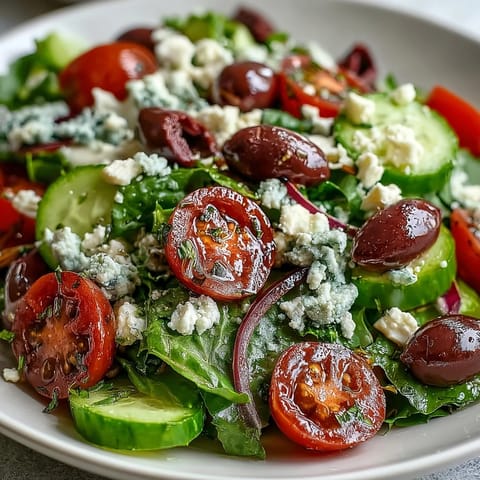 Tossed Mediterranean Green Salad Bowl featuring crunchy cucumbers, briny olives, and creamy feta, ready to enjoy.
