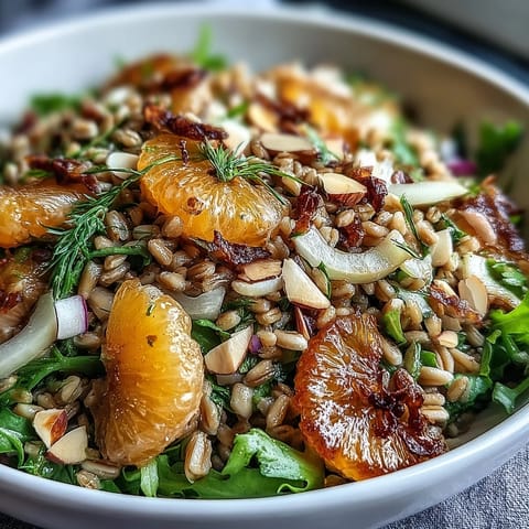 This hearty Farro Salad Bowl with Fennel, Oranges & Almonds features toasted almonds and juicy orange segments over a bed of greens.  