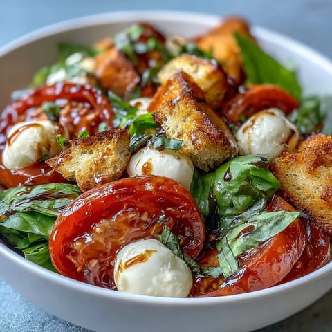 Serving Caprese Salad Bowl with mozzarella, tomatoes, basil, balsamic drizzle, and golden crunchy bread.