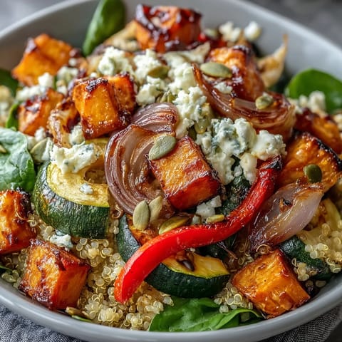 A nourishing Warm Salad Bowl with vibrant roasted vegetables, tender grains, and crumbled feta, served on a rustic wooden table.