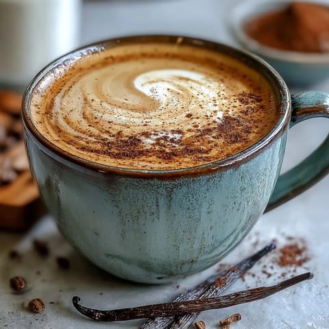 Creamy Hojicha Latte with Vanilla Extract steaming in a clear glass mug next to a small bowl of hojicha powder.