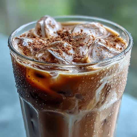 Iced Hojicha with Cinnamon in a clear glass, showcasing its rich, smoky brown hue against a backdrop of ice cubes and a delicate cinnamon dusting. 