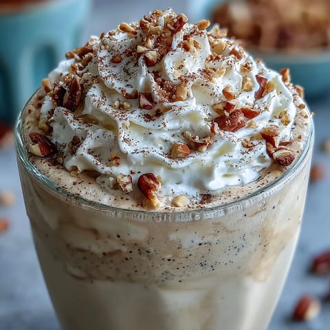 Creamy Hojicha milkshake topped with whipped cream and roasted nut crumbles, served in a chilled glass for a cozy dessert.