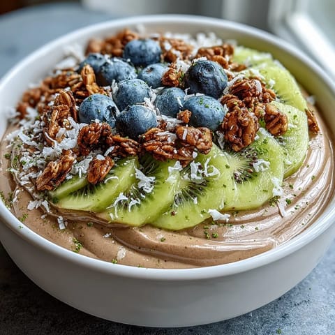 Creamy Hojicha Smoothie Bowl topped with berries, sliced kiwi, and crunchy granola makes a nourishing breakfast.