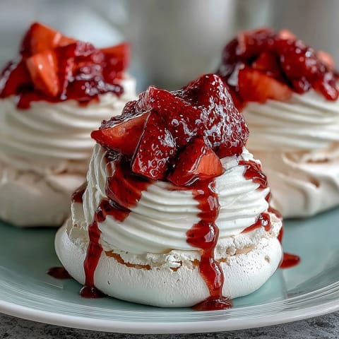 Mini pavlovas with strawberries and cream: crisp meringue shells topped with whipped cream and juicy berries.