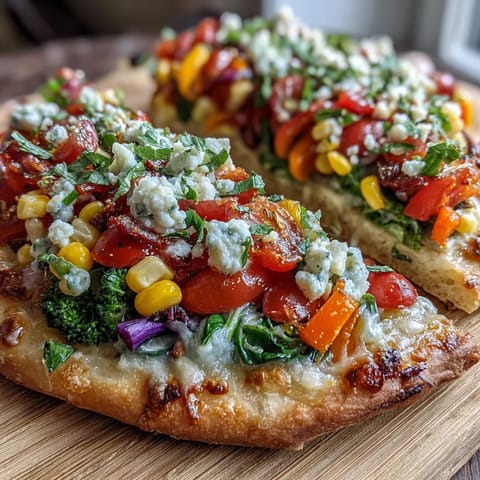 Vibrant St. Patrick's Day Rainbow Veggie Flatbread Pizza with fresh mozzarella and feta.
