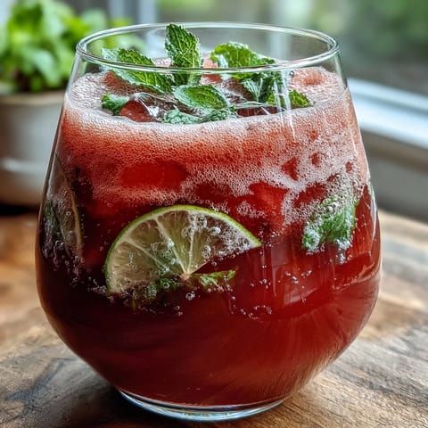 Vibrant watermelon lime sparkling punch with fresh mint and lime slices in a clear pitcher.