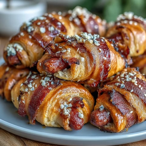 Golden mini pigs in a blanket with flaky pastry wrapped around juicy cocktail sausages, served with tangy honey mustard dip.  