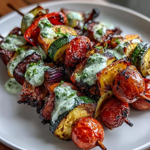 Freshly grilled summer veggie skewers with eggplant, cherry tomatoes, and onions, served with a fragrant, herb-packed chimichurri sauce.  