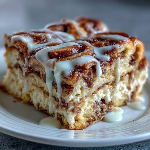 Decadent cinnamon roll pancake casserole with cream cheese glaze, baked to golden perfection and swirled with cinnamon sugar.  