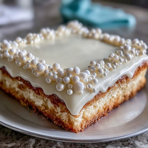 Elegant First Communion sheet cake decorated with shimmering pearl fondant and edible pearls, perfect for religious celebrations.