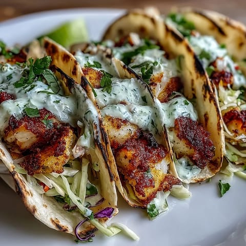 Coconut lime grilled fish tacos served with zesty slaw and tangy crema, perfect for a flavorful summer meal.  