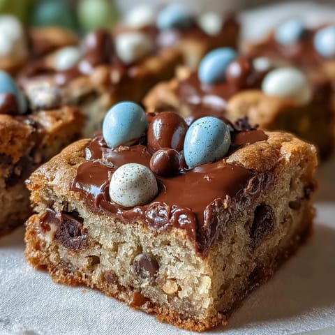 Soft and chewy peanut butter cookie bars with colorful Easter egg candies baked in, perfect for spring celebrations.