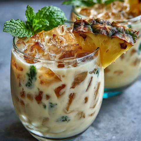 Two glasses filled with chilled pineapple coconut agua fresca, garnished with fresh mint and pineapple wedges, served over ice cubes.