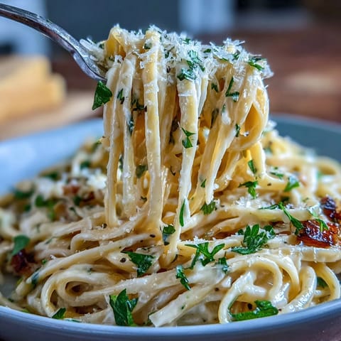Easy Lemon Butter Pasta in a creamy lemon butter sauce with Parmesan, served in a white bowl with fresh parsley on top.