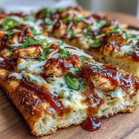 A smoky BBQ chicken flatbread pizza with melted mozzarella, red onion, and fresh cilantro on a crisp crust.  