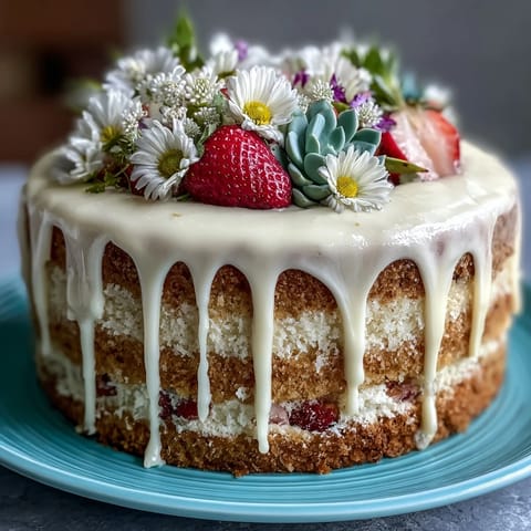Spring Cake: Floral Drip Cake with Strawberry Frosting - a stunning, multi-layered vanilla cake with fresh strawberry buttercream and white chocolate drip, topped with edible flowers.