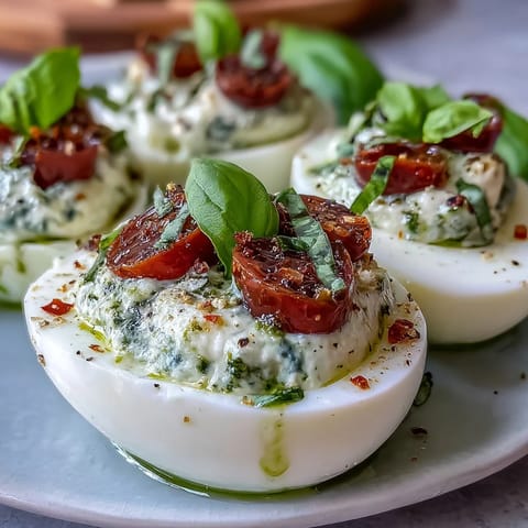Caprese deviled eggs topped with tomato, mozzarella, and basil oil drizzle.