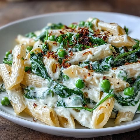 Creamy One-Pot Lemon Ricotta Pasta with peas and wilted spinach.