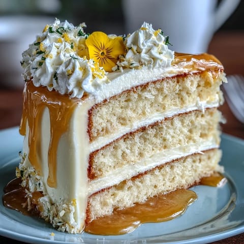Mother's Day Lemon Curd Layer Cake, elegantly adorned with vibrant edible flowers.