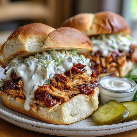 Juicy smoked pulled chicken loaded onto buns, drizzled with creamy white BBQ sauce.