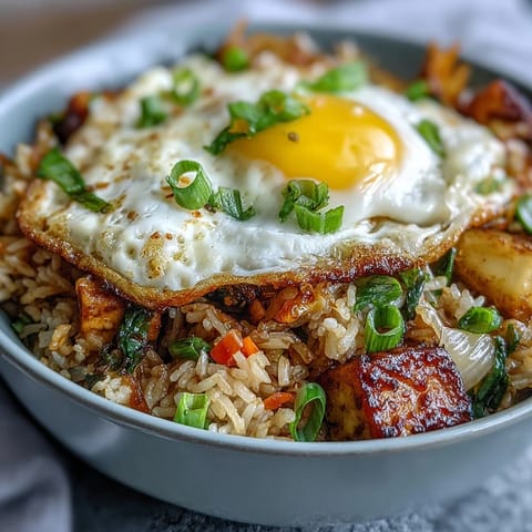 Spicy, savory Fermented Cabbage Kimchi Fried Rice Bowl with sunny-side-up egg topping.