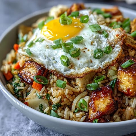 Vibrant, flavorful Fermented Cabbage Kimchi Fried Rice Bowl, perfect for a quick lunch.