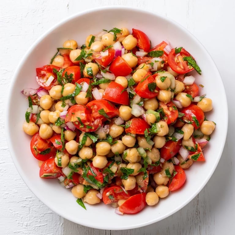 This Mediterranean Fresh Cucumber and Chickpea Salad shows vibrant tomatoes and herbs tossed in zesty dressing.