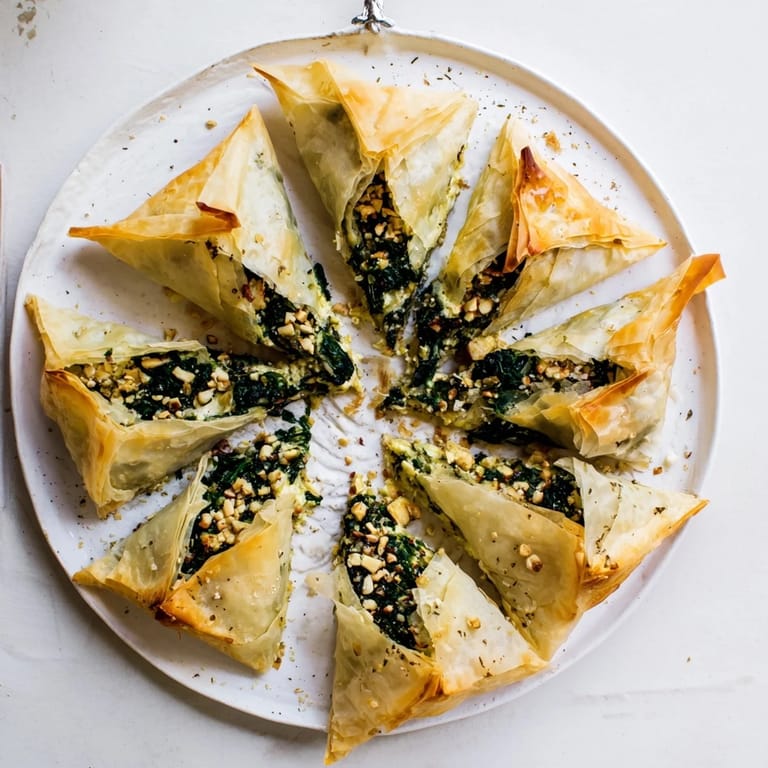 Close-up of freshly baked Savory Spinach and Ricotta Puff Pastry Triangles, perfect for a vegetarian party platter.