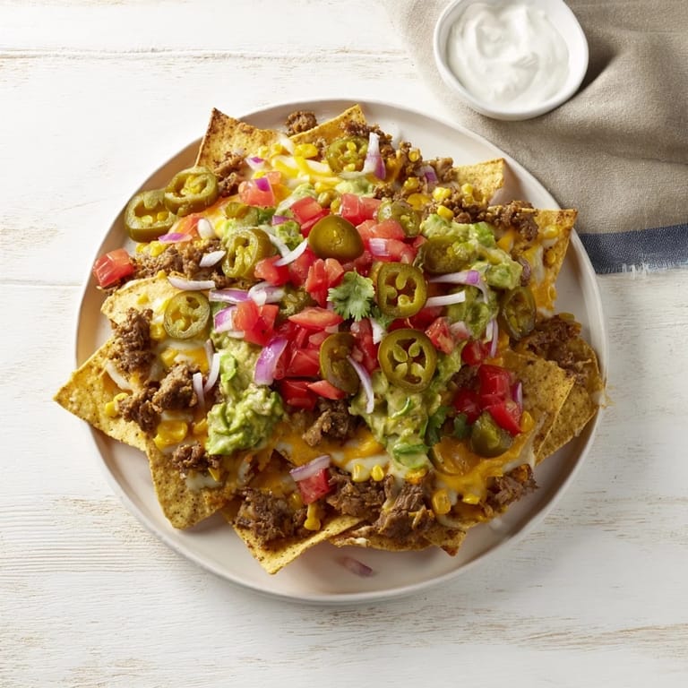 Golden cheesy Classic Sheet Pan Beef Nachos, generously loaded with crumbled beef and Tex-Mex flavors.