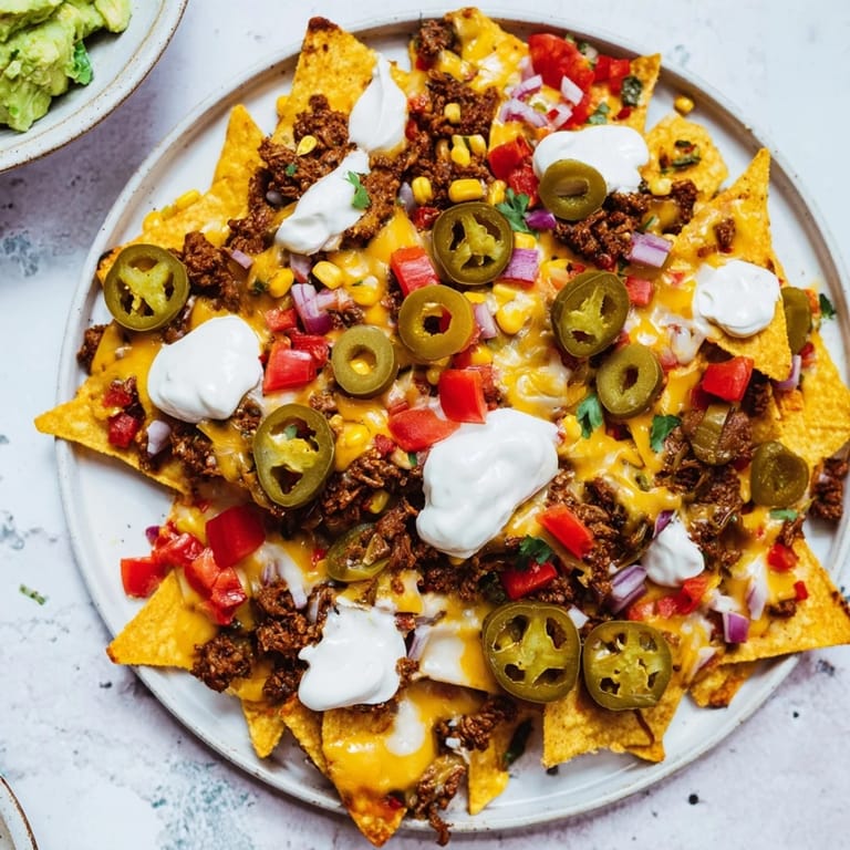 Enjoy a close-up of fully loaded Classic Sheet Pan Beef Nachos, bursting with colors and savory goodness.